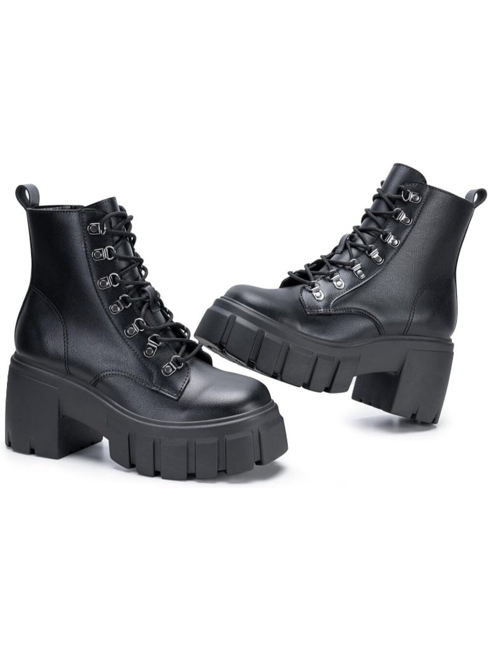Women’s Black Combat Boots Lace up Side Zipper Ankle Botas High Heel Chunky
